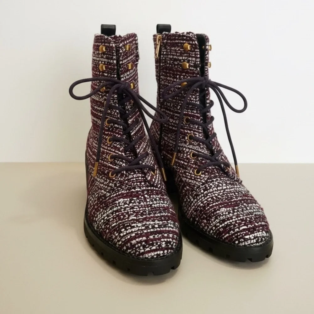 TORY BURCH Burgundy Tweed Lace-Up Lug Boots